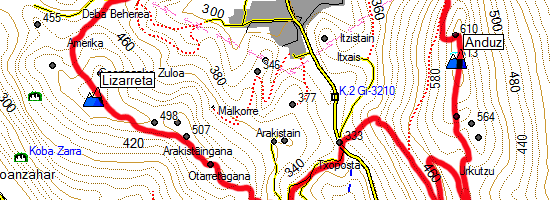 Montes Andutz, Saltsamendi y Lizarreta. Subida desde Itziar (Mapa topográfico)