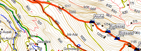 Montes Gorgomendi, Botreaitz y Arkaitz. Subida desde Urteagain (Oñati) (Mapa topográfico)