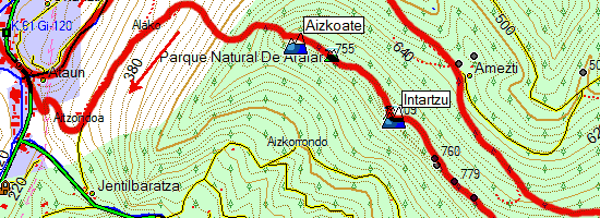 Peñas de Intzartzu. Subida desde Ataun (Mapa topográfico)
