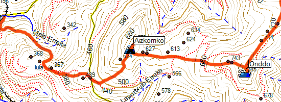 Ruta Aizkorriko-Onndo-Adarra. Subida desde Leizarán (Mapa topográfico)